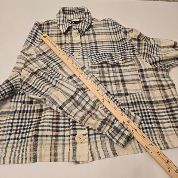 ZARA Plaid Flannel Overshirt Jacket Sz M Cotton Blend Soft Neutral Earth Tones - Picture 6 of 9